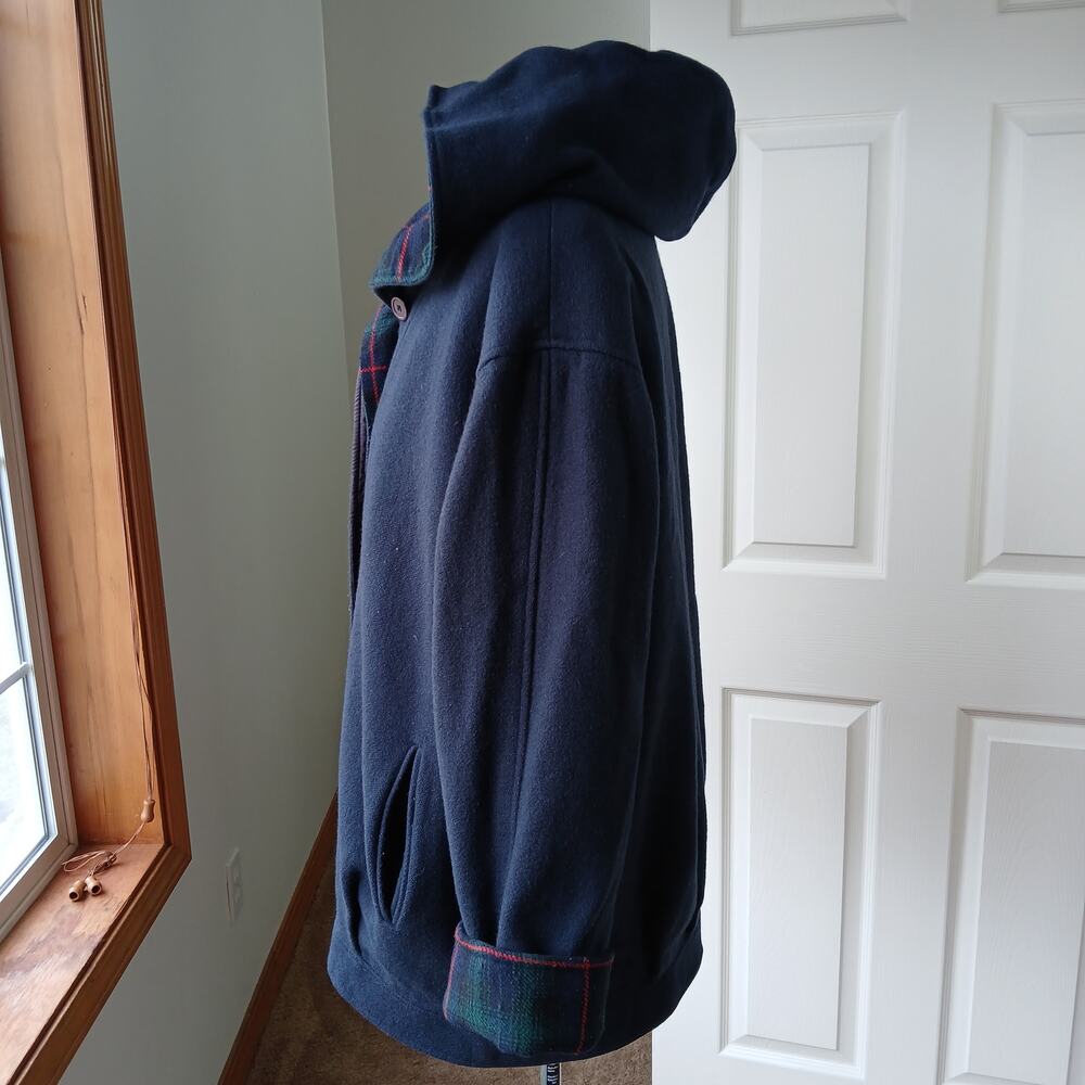 Herman Kay Wool Hooded Bib Jacket 16 Vintage 90s? warm coat navy plaid lined - Picture 2 of 13